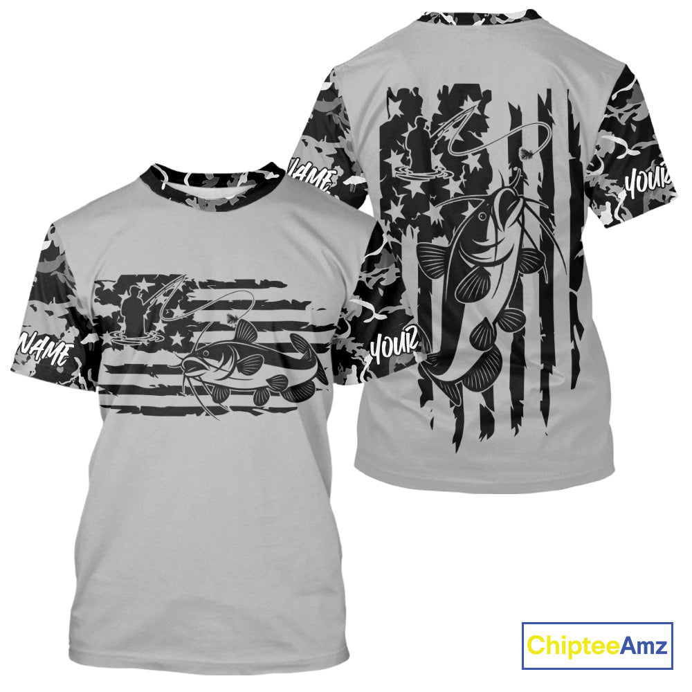 Custom Gray Camo US Flag Patriotic Catfish Fishing Tournament Fishing T-Shirts IPHW9668