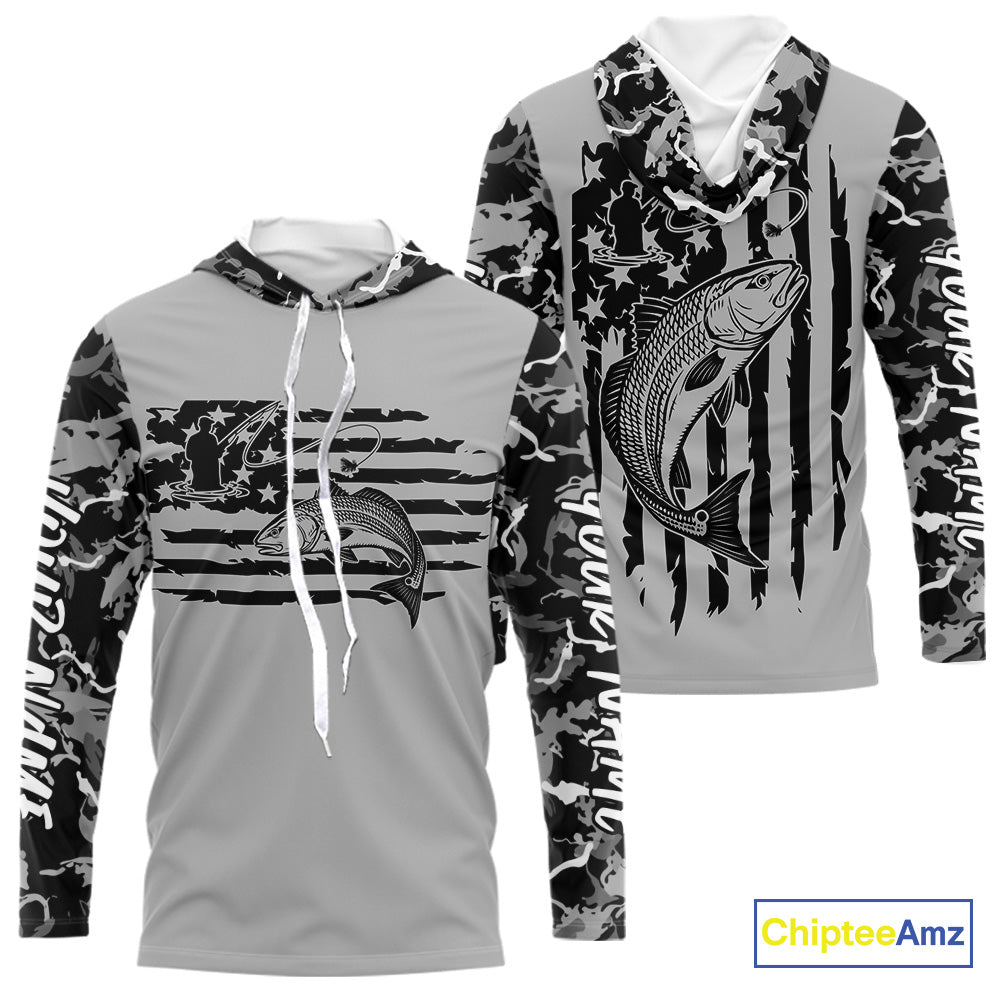 Custom Gray Camo US Flag Patriotic Redfish Fishing Long Sleeve Hooded Tournament Fishing Shirts IPHW9671