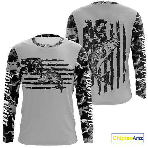 Custom Gray Camo US Flag Patriotic Redfish Fishing Long Sleeve Tournament Fishing Shirts IPHW9671