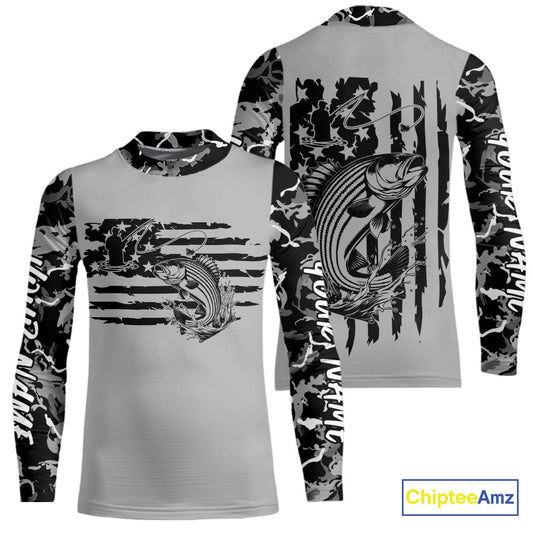 Custom Gray Camo US Flag Patriotic Striped Bass Fishing Kid Long Sleeve Tournament Fishing Shirts IPHW9673
