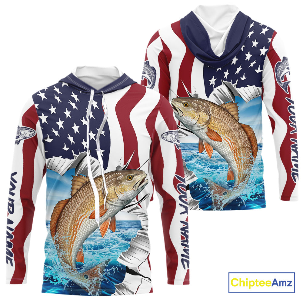 Custom Patriotic US Flag Redfish Long Sleeve Hooded Fishing Shirt, Redfish Fishing Jersey IPHW9674