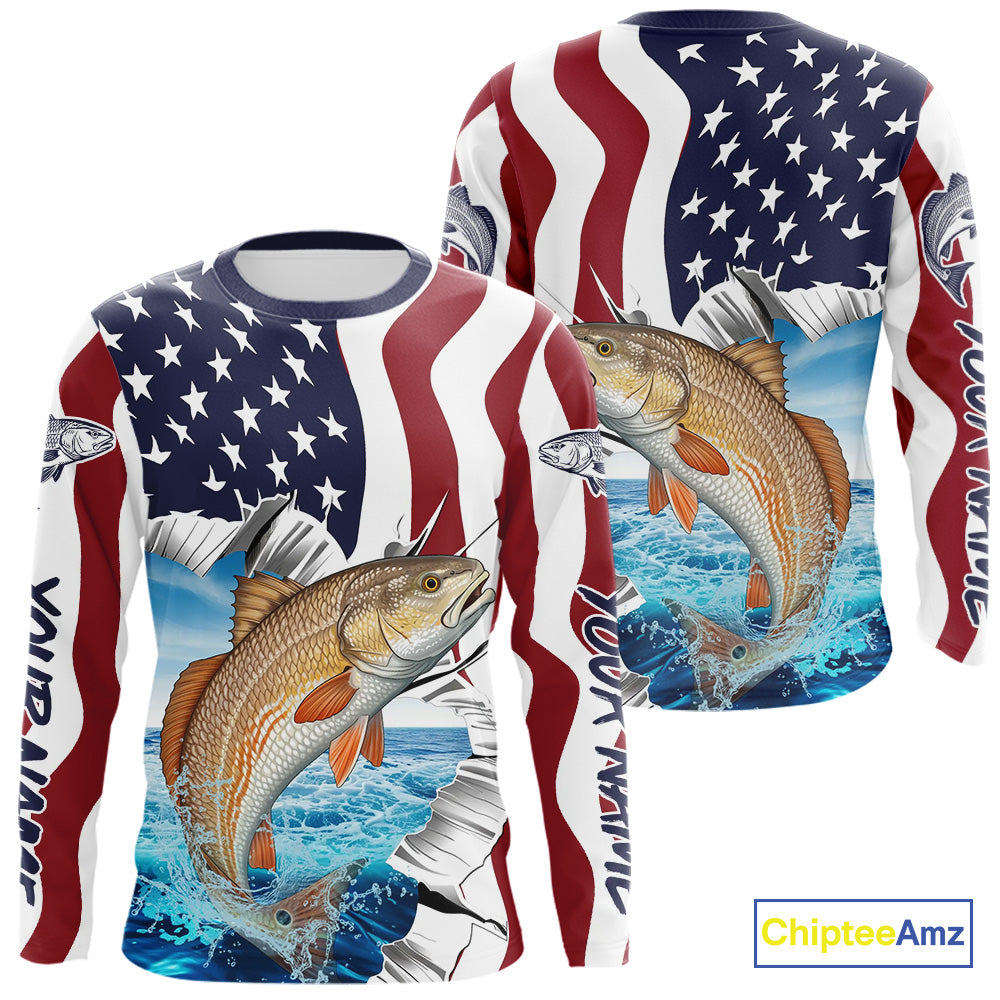 Custom Patriotic US Flag Redfish Long Sleeve Performance Fishing Shirt, Redfish Fishing Jersey IPHW9674