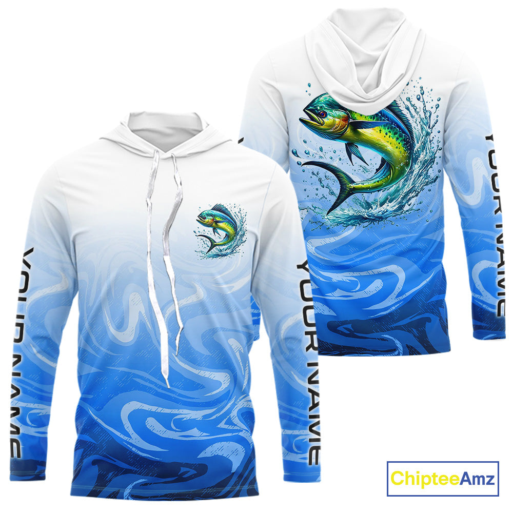 Blue Camo Mahi Mahi Fishing Custom Long Sleeve Hooded Shirts, Mahimahi Saltwater Fishing Apparel IPHW9678