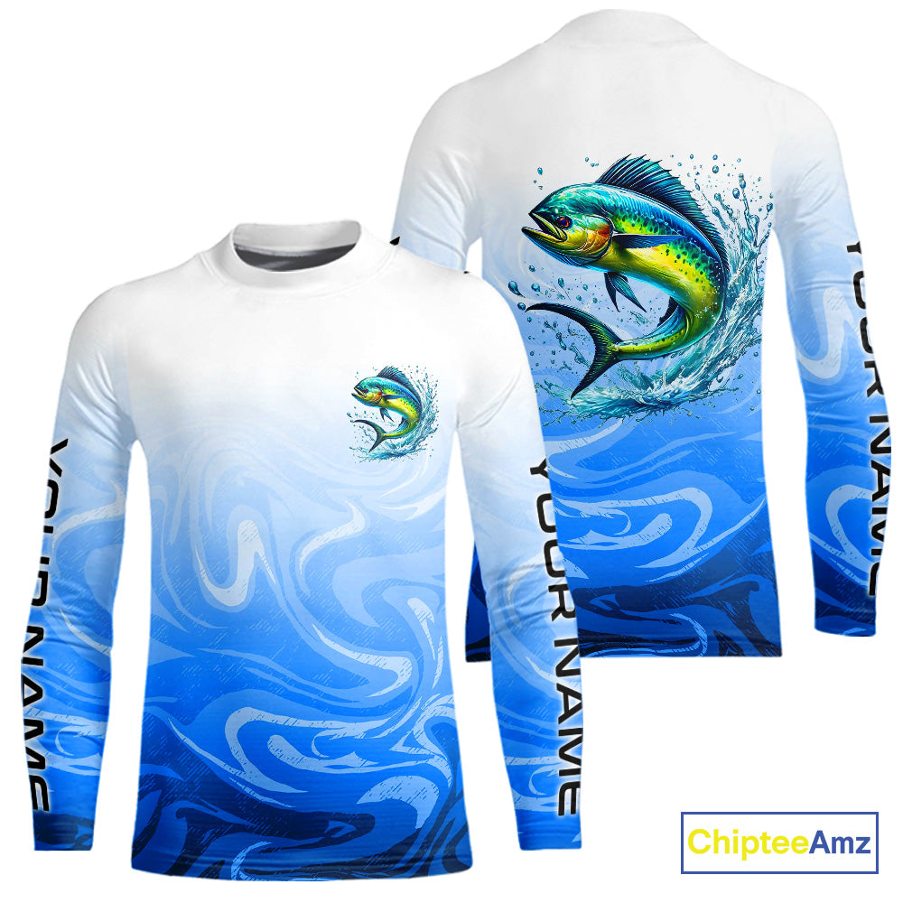 Blue Camo Mahi Mahi Fishing Custom Kid Long Sleeve Shirts, Mahimahi Saltwater Fishing Apparel IPHW9678