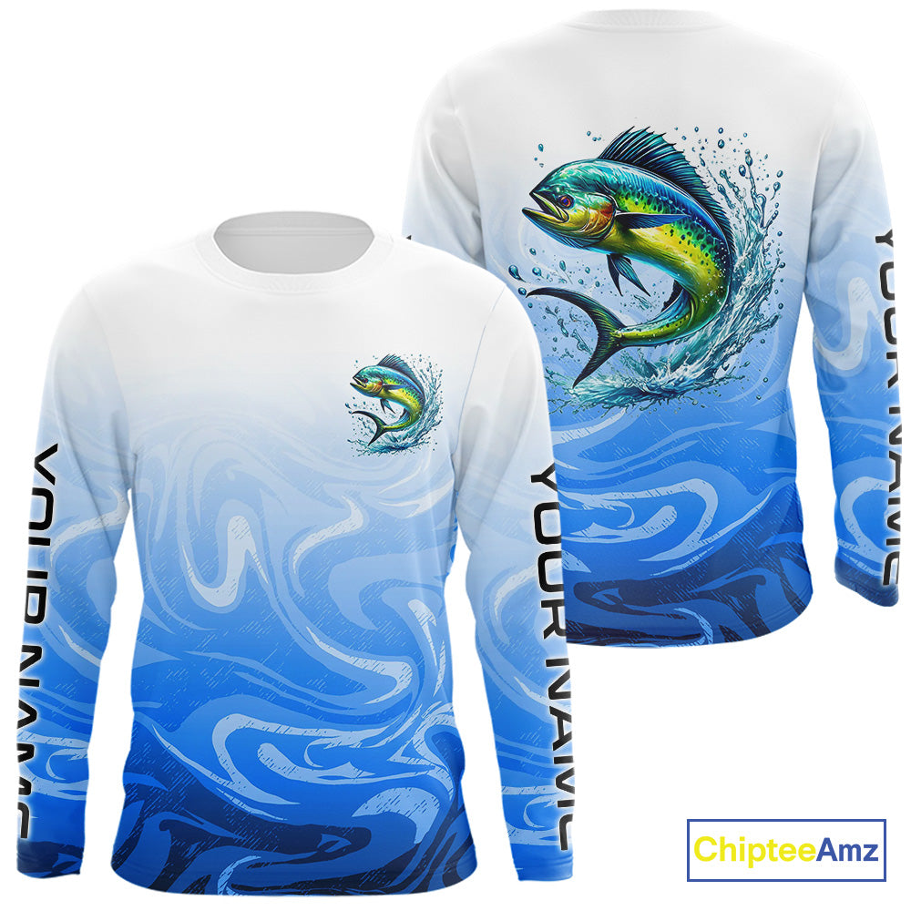 Blue Camo Mahi Mahi Fishing Custom Long Sleeve Shirts, Mahimahi Saltwater Fishing Apparel IPHW9678