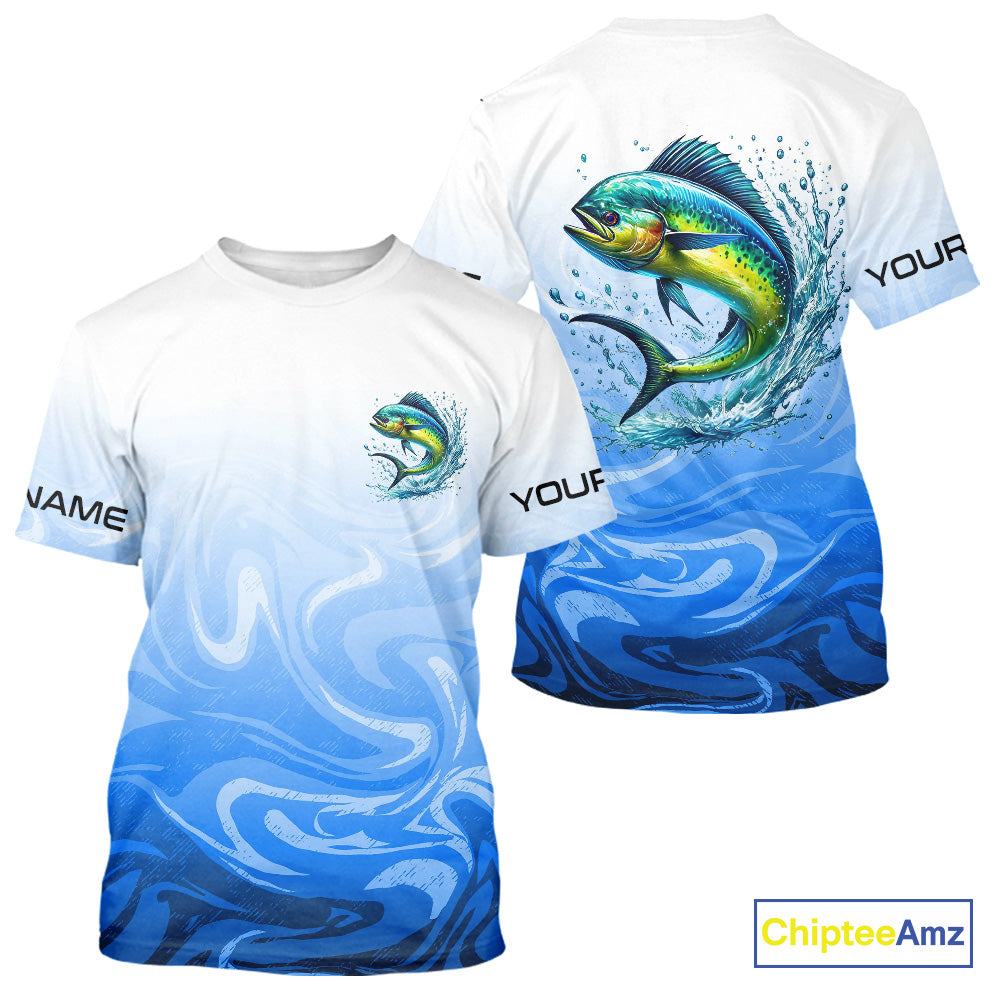 Blue Camo Mahi Mahi Fishing Custom Shirts, Mahimahi Saltwater Fishing Apparel IPHW9678