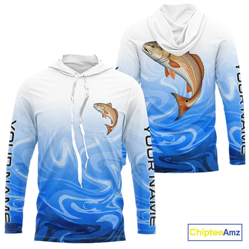 Blue Camo Redfish Fishing Custom Long Sleeve Hooded Shirts, Redfish Saltwater Fishing Apparel IPHW9679