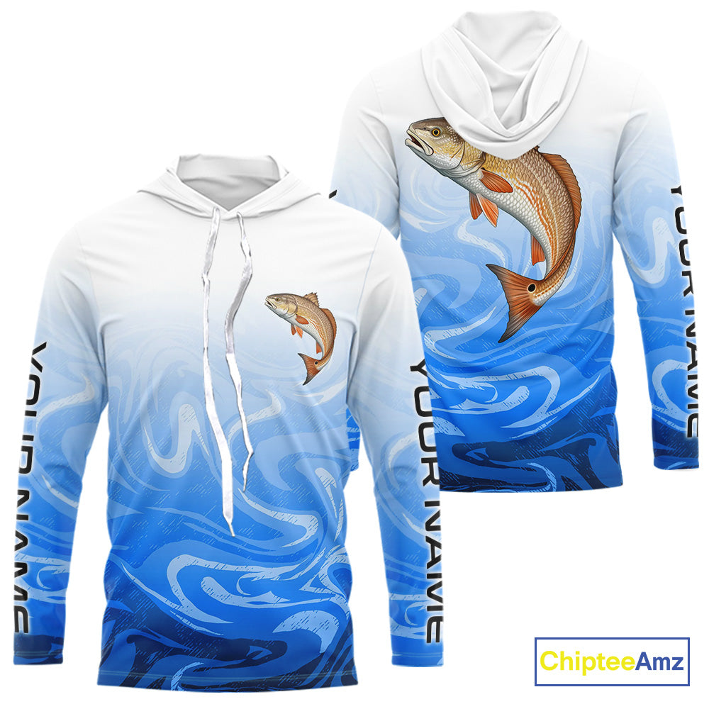 Blue Camo Redfish Fishing Custom Long Sleeve Hooded Shirts, Redfish Saltwater Fishing Apparel IPHW9679