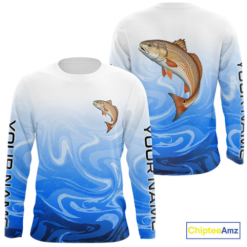 Blue Camo Redfish Fishing Custom Long Sleeve Shirts, Redfish Saltwater Fishing Apparel IPHW9679