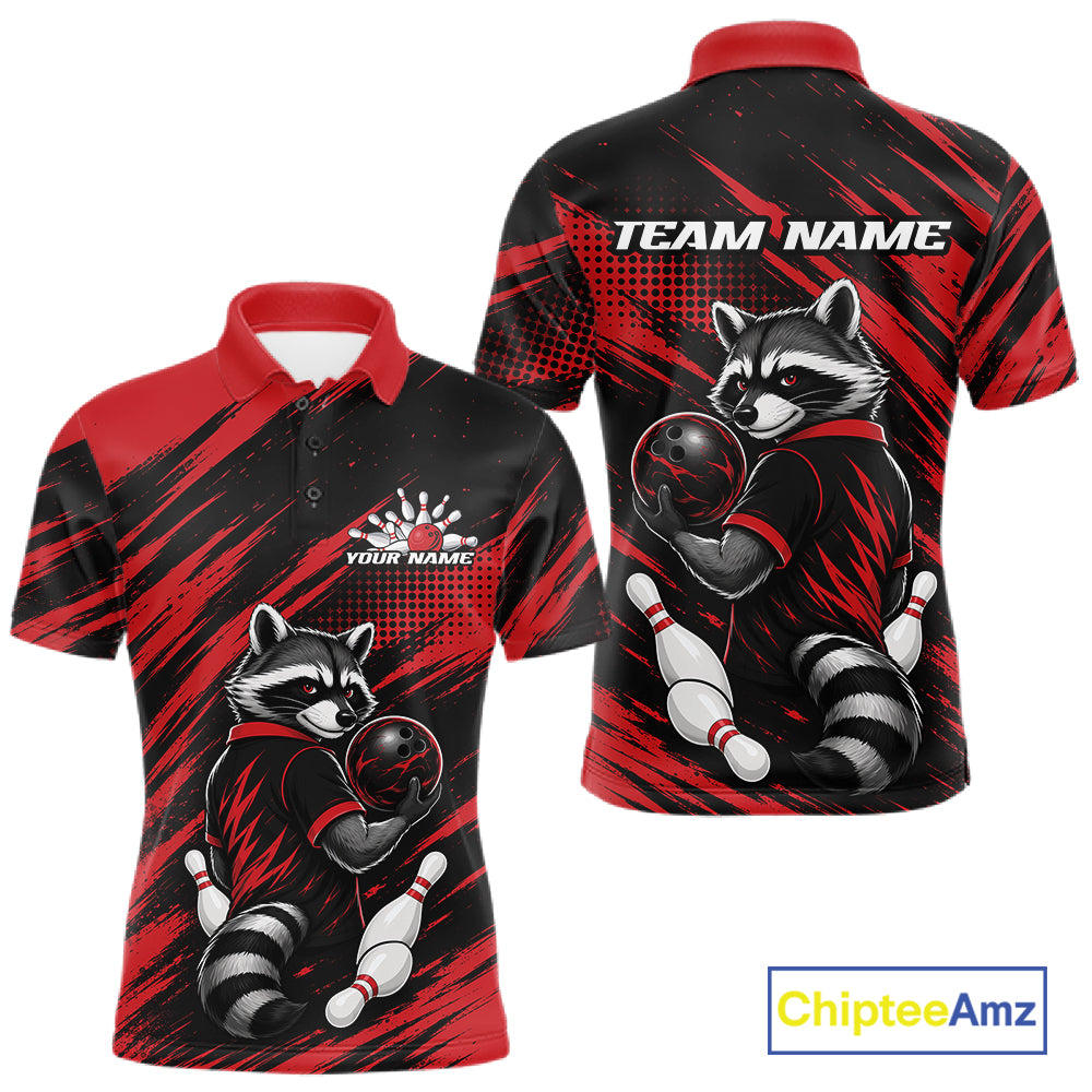 Custom Black And Red Cool Looking Raccoon Bowling Jersey, Funny Bowling Men Polo Shirt IPHW11861