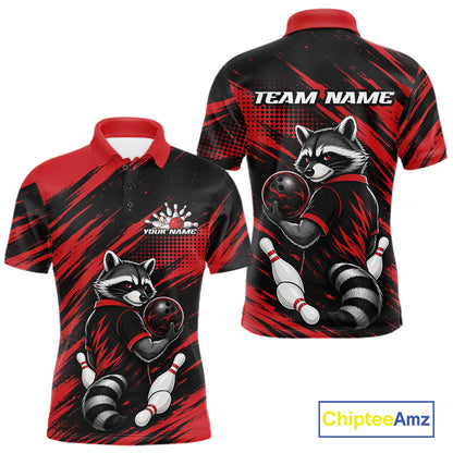 Custom Black And Red Cool Looking Raccoon Bowling Jersey, Funny Bowling Men Polo Shirt IPHW11861