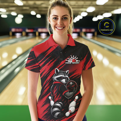 Custom Black And Red Cool Looking Raccoon Bowling Jersey, Funny Bowling Women Polo Shirt IPHW11861