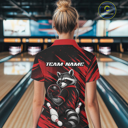Custom Black And Red Cool Looking Raccoon Bowling Jersey, Funny Bowling Women Polo Shirt IPHW11861