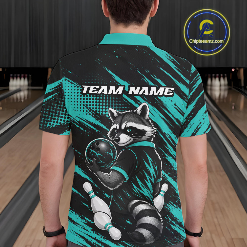 Custom Turquoise Blue Cool Looking Raccoon Bowling Jersey, Funny Bowling Men Polo Shirt IPHW11862