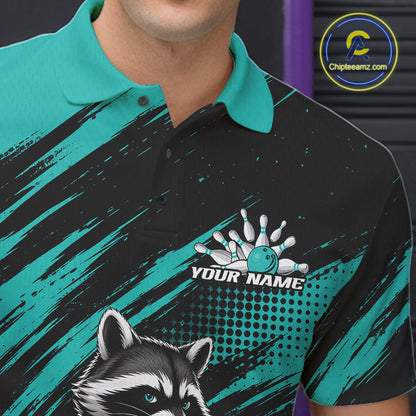 Custom Turquoise Blue Cool Looking Raccoon Bowling Jersey, Funny Bowling Men Polo Shirt IPHW11862