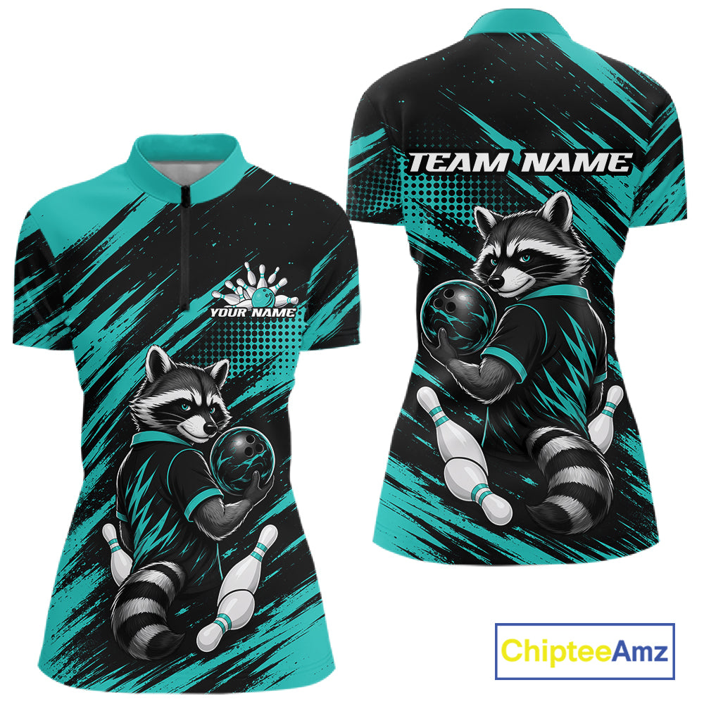 Custom Turquoise Blue Cool Raccoon Bowling Jersey, Funny Bowling Women Quarter-Zip Shirt IPHW11862