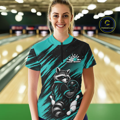 Custom Turquoise Blue Cool Raccoon Bowling Jersey, Funny Bowling Women Quarter-Zip Shirt IPHW11862