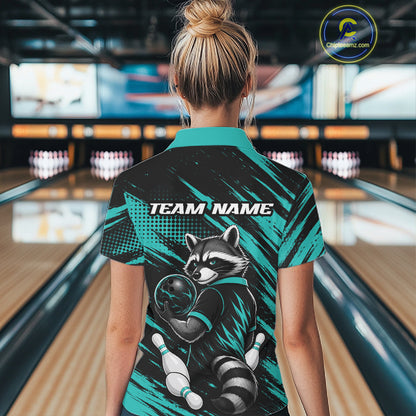 Custom Turquoise Blue Cool Raccoon Bowling Jersey, Funny Bowling Women Quarter-Zip Shirt IPHW11862