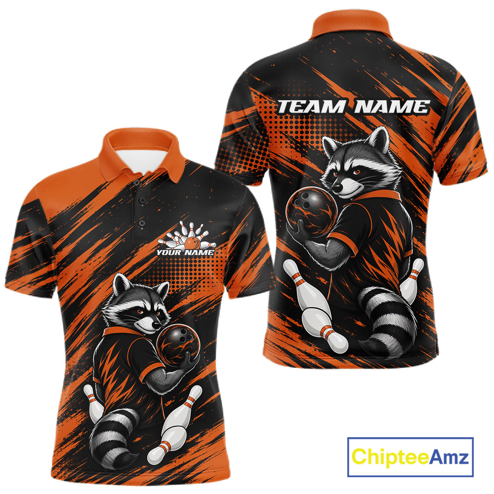 Custom Black And Orange Cool Looking Raccoon Bowling Jersey, Funny Bowling Men Polo Shirt IPHW11863