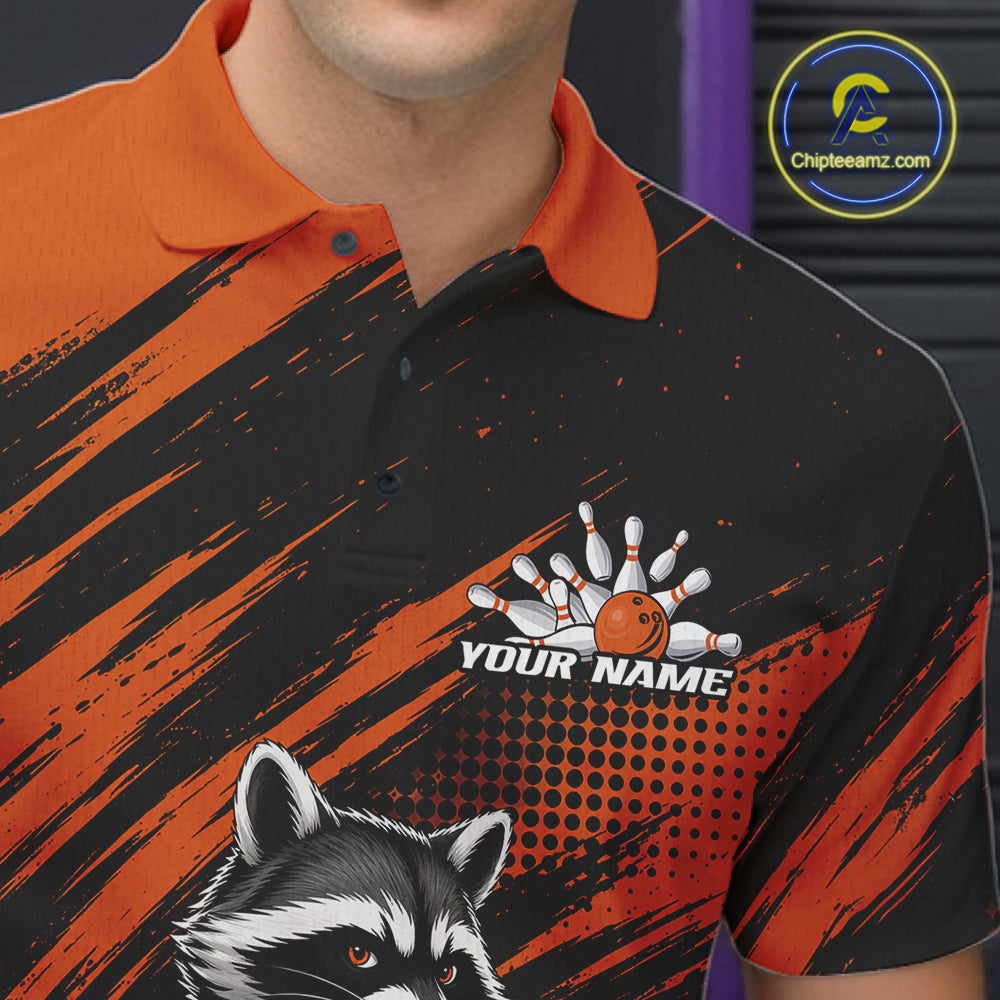 Custom Black And Orange Cool Looking Raccoon Bowling Jersey, Funny Bowling Men Polo Shirt IPHW11863