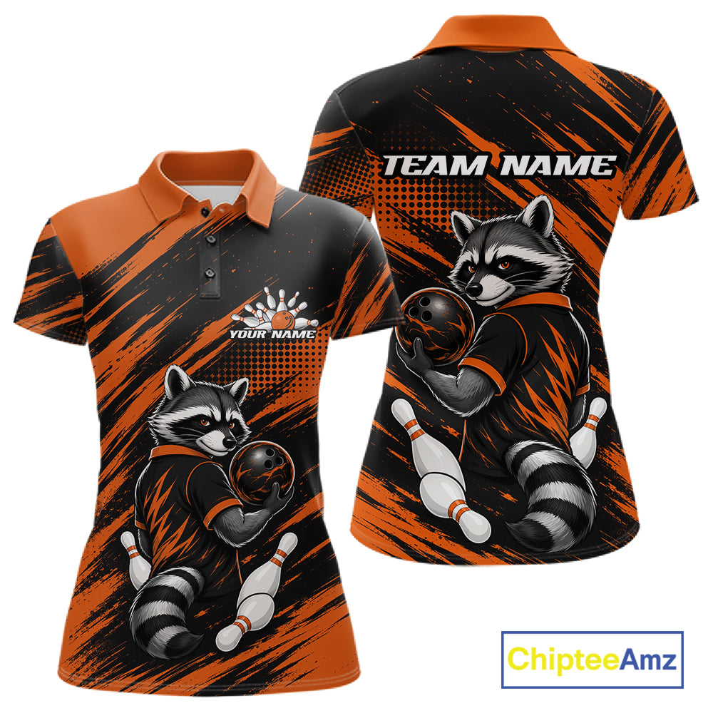 Custom Black And Orange Cool Looking Raccoon Bowling Jersey, Funny Bowling Women Polo Shirt IPHW11863