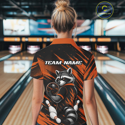 Custom Black And Orange Cool Looking Raccoon Bowling Jersey, Funny Bowling Women Polo Shirt IPHW11863