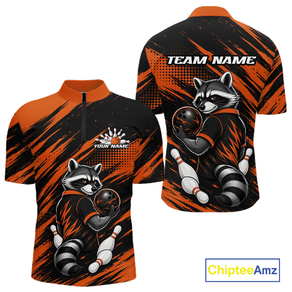 Custom Black And Orange Cool Looking Raccoon Bowling Jersey, Funny Bowling Men Quarter Zip Shirt IPHW11863