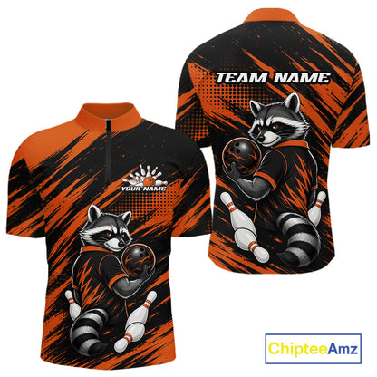 Custom Black And Orange Cool Looking Raccoon Bowling Jersey, Funny Bowling Men Quarter Zip Shirt IPHW11863