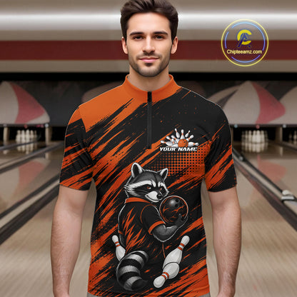 Custom Black And Orange Cool Looking Raccoon Bowling Jersey, Funny Bowling Men Quarter Zip Shirt IPHW11863