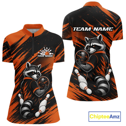 Custom Black And Orange Cool Raccoon Bowling Jersey, Funny Women Quarter-Zip Shirt IPHW11863