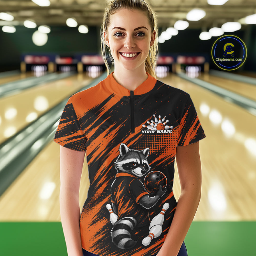 Custom Black And Orange Cool Raccoon Bowling Jersey, Funny Women Quarter-Zip Shirt IPHW11863