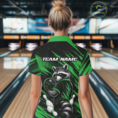 Custom Black And Green Cool Raccoon Bowling Jersey, Funny Women Quarter-Zip Shirt IPHW11864
