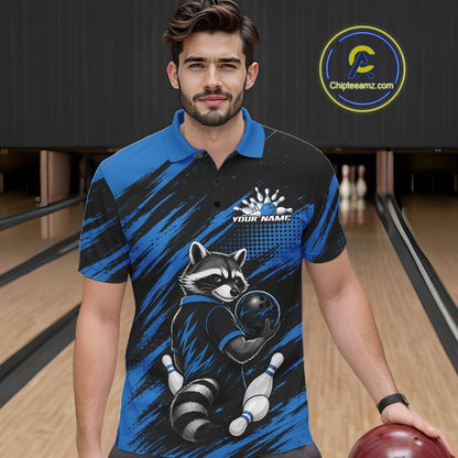 Custom Black And Blue Cool Looking Raccoon Bowling Jersey, Funny Bowling Men Polo Shirt IPHW11865