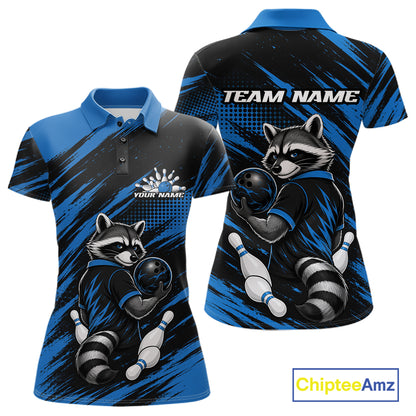Custom Black And Blue Cool Looking Raccoon Bowling Jersey, Funny Bowling Women Polo Shirt IPHW11865