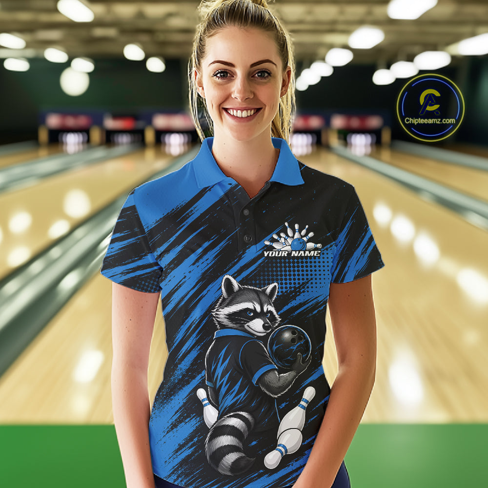 Custom Black And Blue Cool Looking Raccoon Bowling Jersey, Funny Bowling Women Polo Shirt IPHW11865