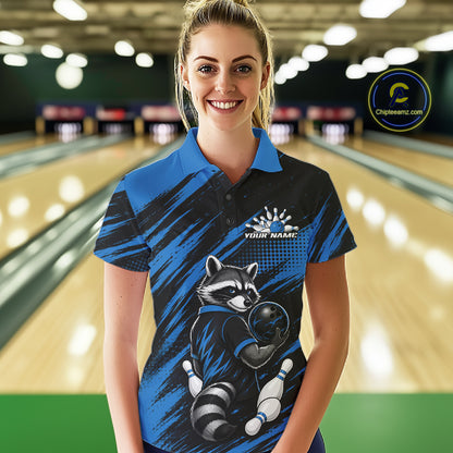 Custom Black And Blue Cool Looking Raccoon Bowling Jersey, Funny Bowling Women Polo Shirt IPHW11865