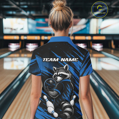 Custom Black And Blue Cool Looking Raccoon Bowling Jersey, Funny Bowling Women Polo Shirt IPHW11865