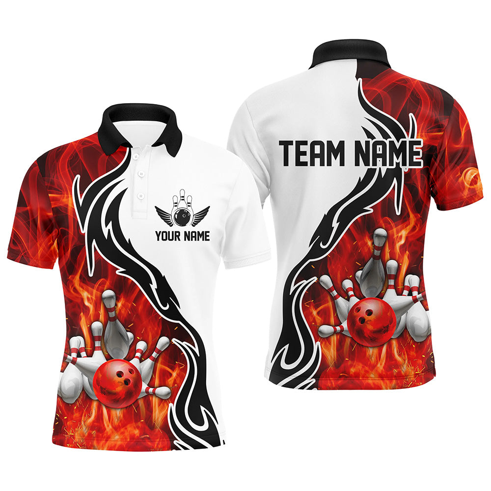 Custom Red Flame Bowling Polo Shirts For Men, Bowling Team Jerseys Bowler Outfit IPHW5214