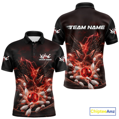 Custom Red Lightning Flame Dragons Bowling Men Polo Shirt, Fire Dragon Bowling Jerseys IPHW9816