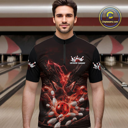 Custom Red Lightning Flame Dragons Bowling Men Quarter-Zip Shirt, Fire Dragon Bowling Jerseys IPHW9816