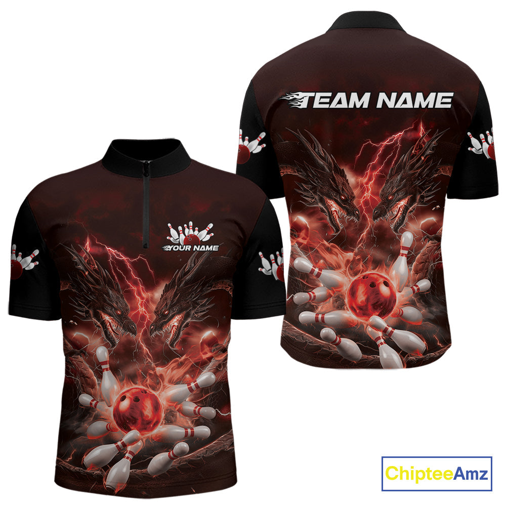 Custom Red Lightning Flame Dragons Bowling Men Quarter-Zip Shirt, Fire Dragon Bowling Jerseys IPHW9816