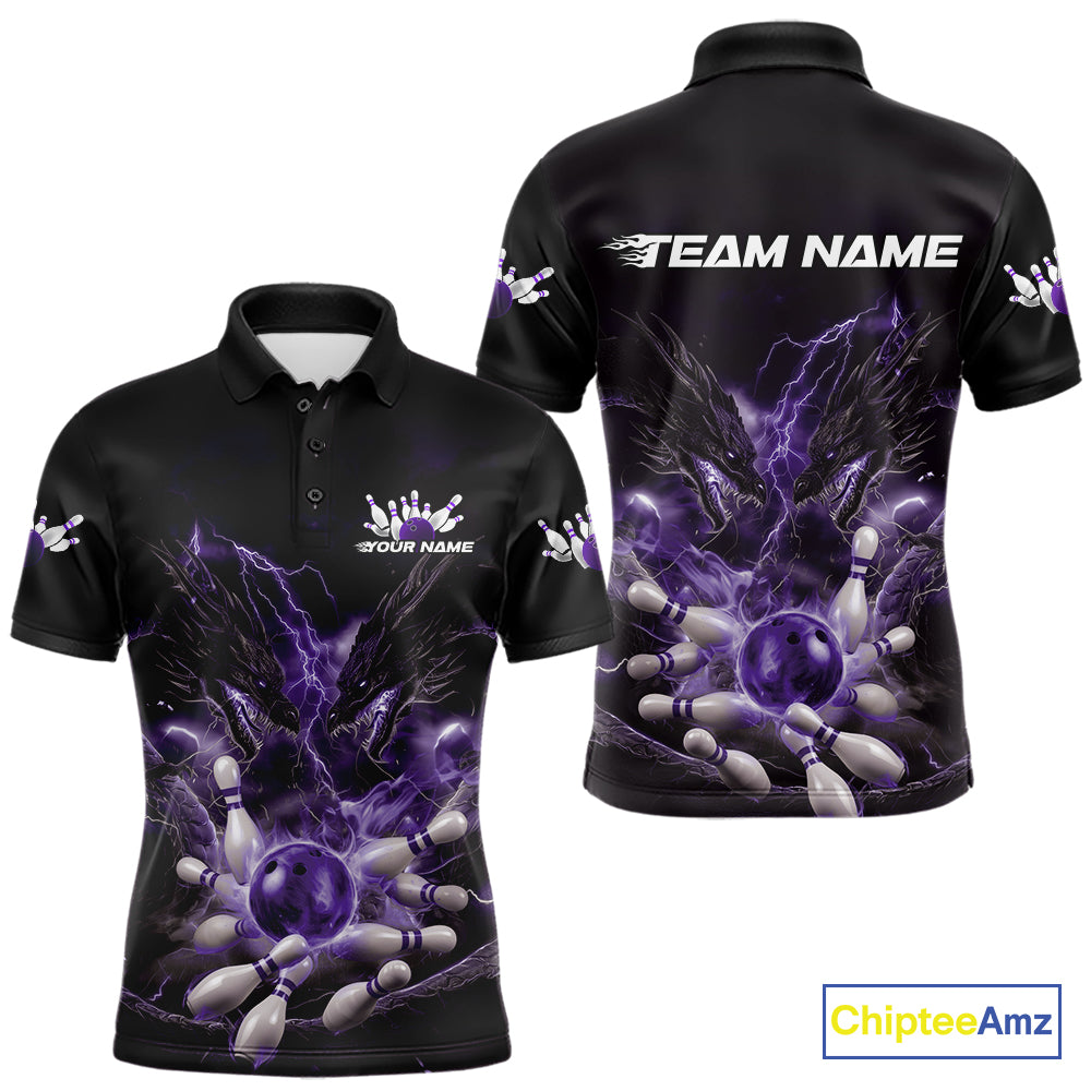 Custom Purple Lightning Flame Dragons Bowling Men Polo Shirt, Fire Dragon Bowling Jerseys IPHW9817