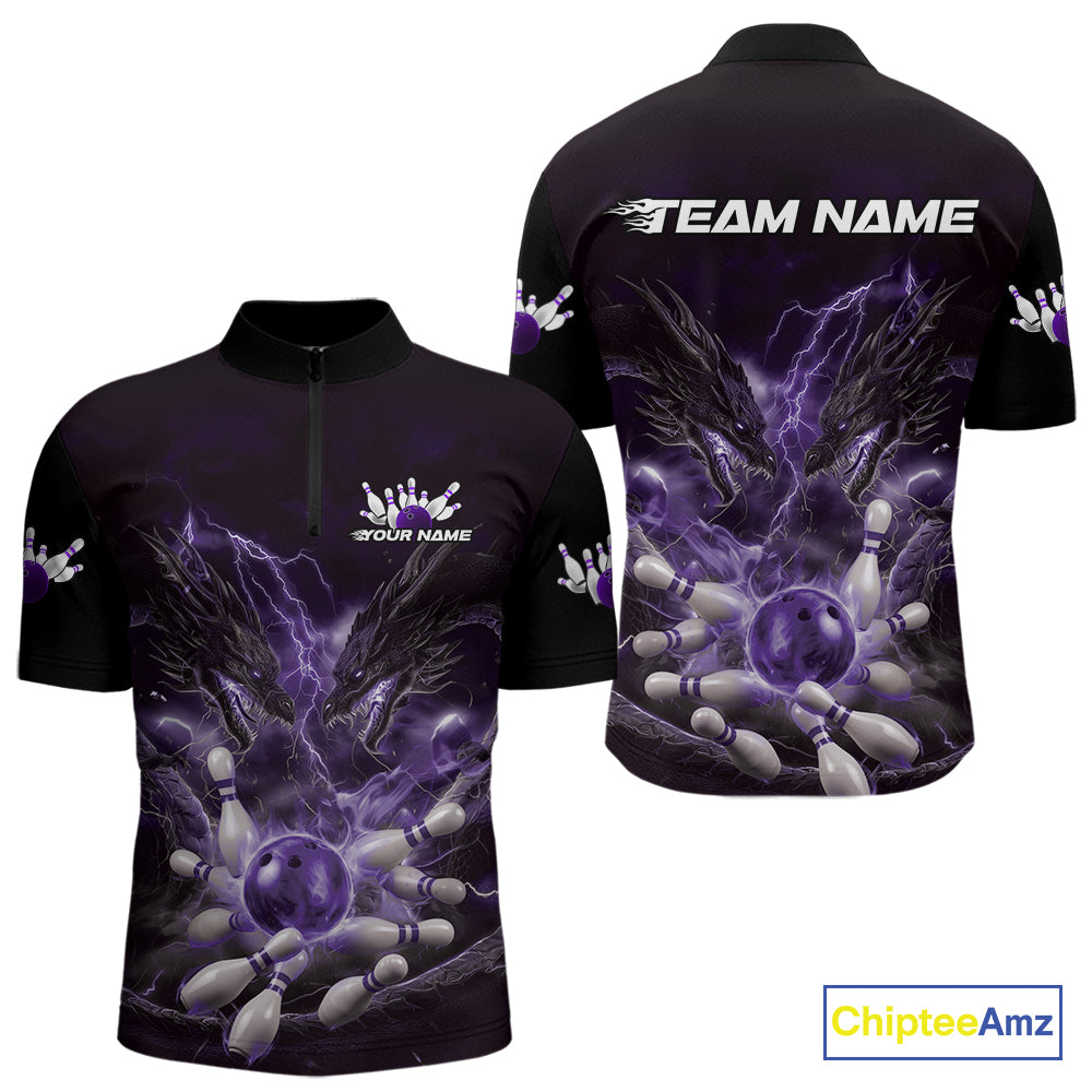 Custom Purple Lightning Flame Dragons Bowling Men Quarter-Zip Shirt, Fire Dragon Bowling Jerseys IPHW9817