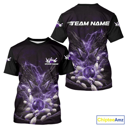 Custom Purple Lightning Flame Dragons Bowling Men T-Shirts Shirt, Fire Dragon Bowling Jerseys IPHW9817