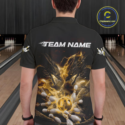 Custom Yellow Lightning Flame Dragons Bowling Men Polo Shirt, Fire Dragon Bowling Jerseys IPHW9818