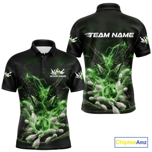 Custom Green Lightning Flame Dragons Bowling Men Polo Shirt, Fire Dragon Bowling Jerseys IPHW9819