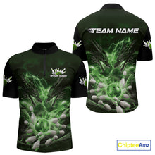 Load image into Gallery viewer, Custom Green Lightning Flame Dragons Bowling Men Quarter-Zip Shirt, Fire Dragon Bowling Jerseys IPHW9819