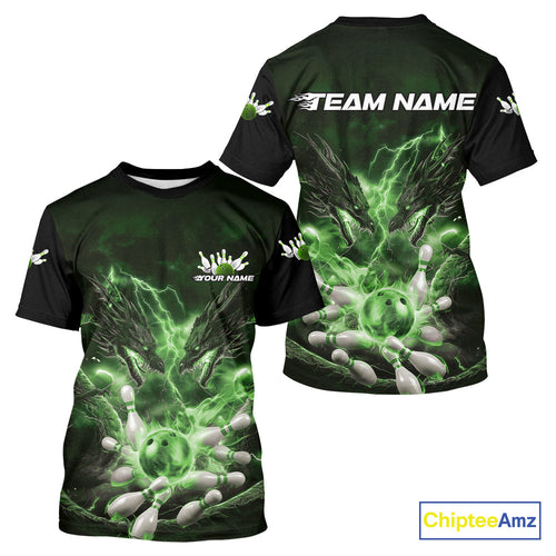 Custom Green Lightning Flame Dragons Bowling Men T-Shirts Shirt, Fire Dragon Bowling Jerseys IPHW9819
