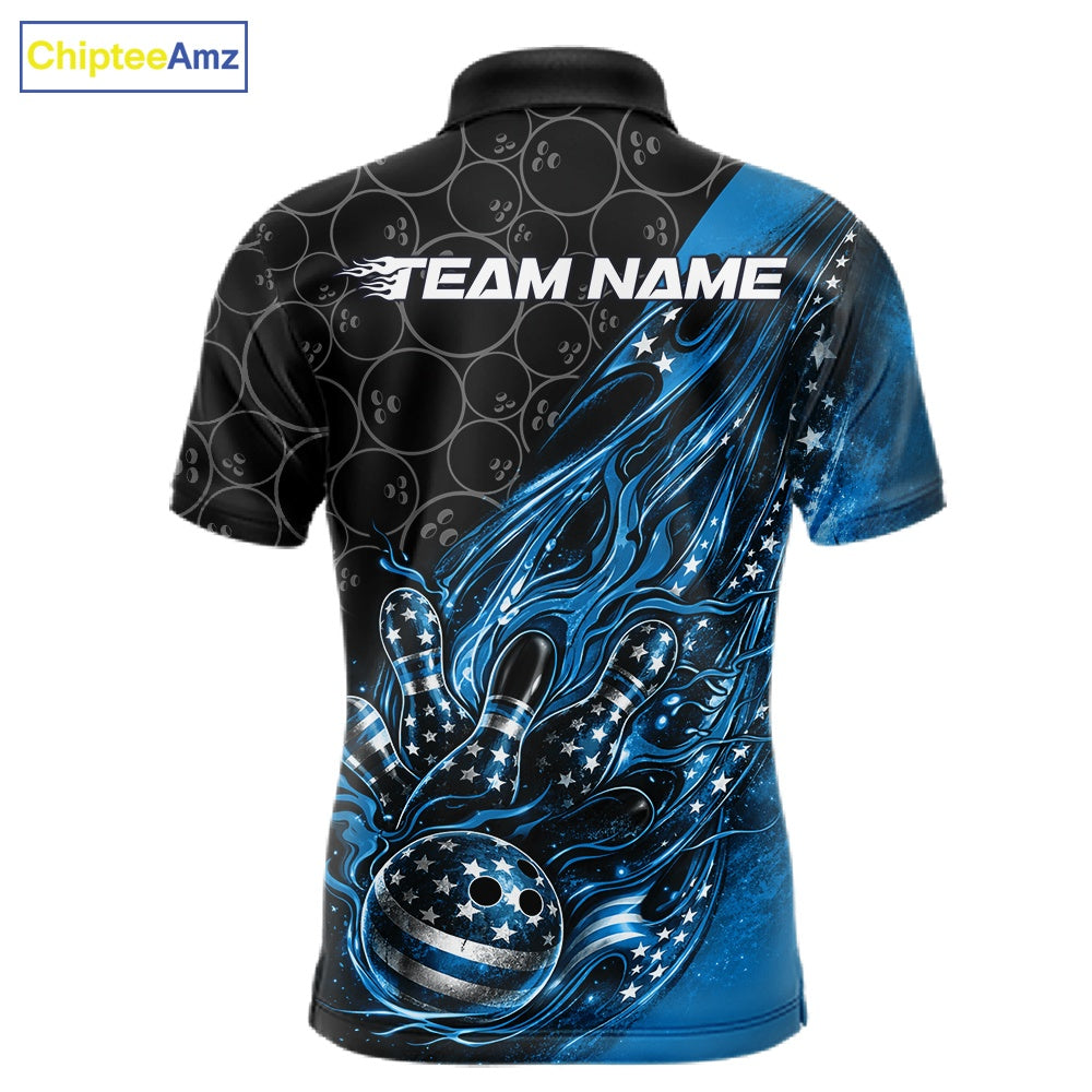 Custom Patriotic Blue Flame Bowling Shirts, US Flag Bowling Team Jerseys Freedom 4Th Of July Bowling Shirt IPHW10429