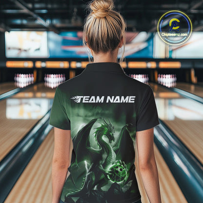 Custom Black And Green Thunder Lightning Dragon Bowling Women Polo Shirts, Team Outfit IPHW9100